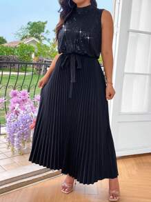 SHEIN Clasi Đầm Maxi Xếp Ly Trang Trí Kim Sa Màu Trơn Cho Nữ Cỡ Lớn - Màu xanh lam - Xem 5