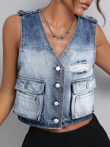 SHEIN ICON Women Multi-Pocket Ripped Vest Denim Jacket - Medium Wash - View 4