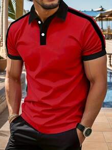 قميص بولو رجالي صيفي جديد بياقة منقلبة، ألوان متباينة، أكمام قصيرة، كاجوال رياضي، مناسب للسفر والعطلات والتخييم الخارجي والأعمال - الأحمر - مشاهدة 1