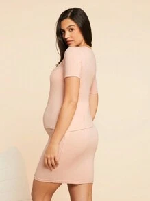 SHEIN Solid Color Simple And Versatile Spring/Summer Short Sleeve Nursing Maternity Dress - Pink - View 2