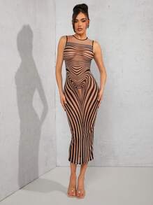 Hauture Striped Print Mesh Bodycon Dress, Minimalist And Fashionable, Suitable For Summer - Multicolor - View 5