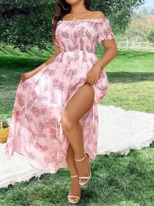 Sunnyshic Plus Size Off Shoulder Chiffon Floral Print Split Long Dress For Vacation