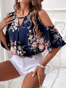 SHEIN VCAY Chemise décontractée pour femmes de style vacances, épaules dénudées, imprimé fleuri, ample et col avec trou de serrure