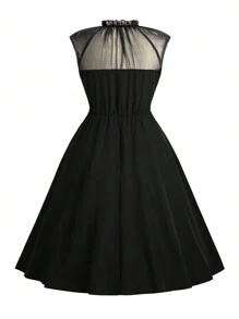 Rometta 加大码优雅纯色褶皱高腰连衣裙，适合春夏季长款女装 - 黑色 - 查看 2