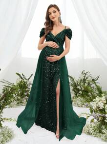 孕妇露肩撞色网眼亮片舞会优雅连衣裙