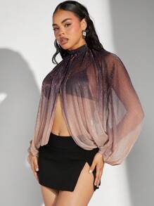 Hauture Ombre Glitter Sheer Pleated Slit Mock Neck Batwing Sleeve Top - Multicolor - View 6