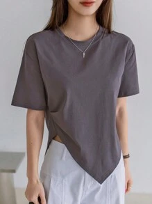 Dazy-Less Solid Color Round Neck Short Sleeve T-Shirt With Asymmetrical Hem