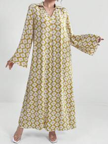 Al Najma All-Over Printed V-Neck Bell Sleeve Arabian Dress - Yellow - View 3