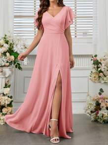 SHEIN Belle 成人 V 领雪纺高开叉伴娘服优雅连衣裙 - 粉色 - 查看 5