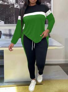 EMERY ROSE Women's Plus Size Colorblock Top And Drawstring Waist Long Pants Two-Piece Set Fall Cloth For Women - Green - View 5