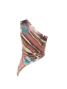 Ärmellose Bluse mit asymmetrischem Kragen und Vollaufdruck - Kaffeebraun - Übersicht 2