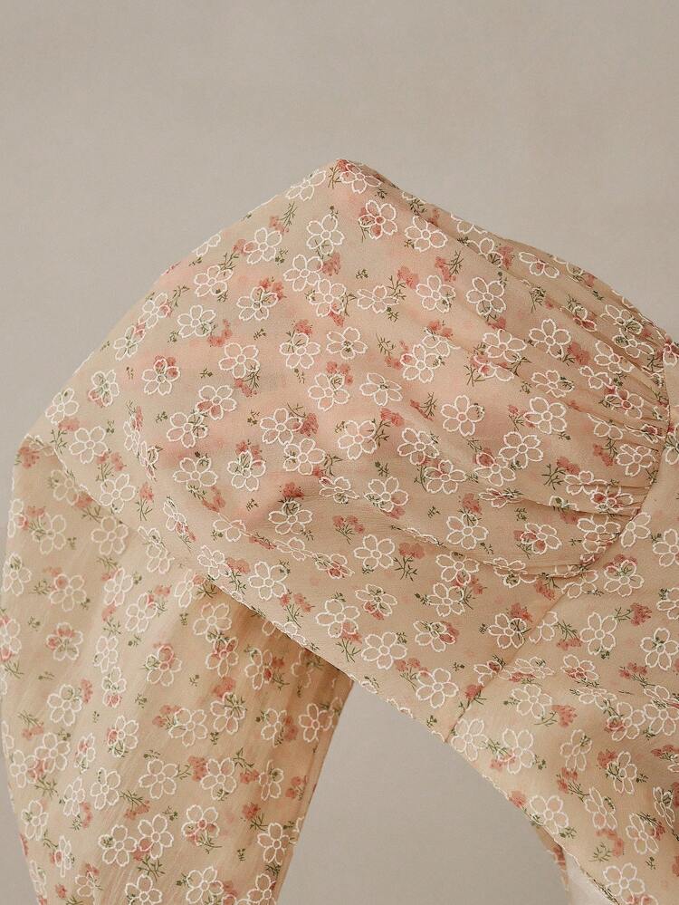Camisa con cuello en V, cintura fruncida y manga farol con textura floral diminuta romántica para mujeres