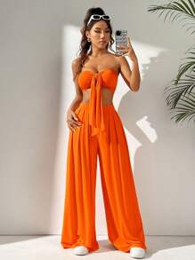 SHEIN EZwear Ensemble décontracté orange pour femmes en tricot comprenant un haut court tube à nœud avant et un pantalon large à jambes - Orange - Voir 3