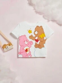 SHEIN X Care Bears Young Girl's Pink And Brown Bear Print Short Sleeve T-Shirt With Regular Shoulder And Round-Neck For Summer - White - View 3
