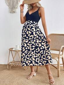 SHEIN 懷孕夏季豹紋分叉長款哺乳連身裙，帶肩帶 - 藏蓝色 - 查看 4