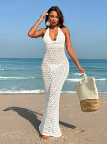 Swim Vcay Summer Beach Women Maxi Hollow-Out Halterneck Sleeveless Beach Cover-Up Dress For Seaside Holiday