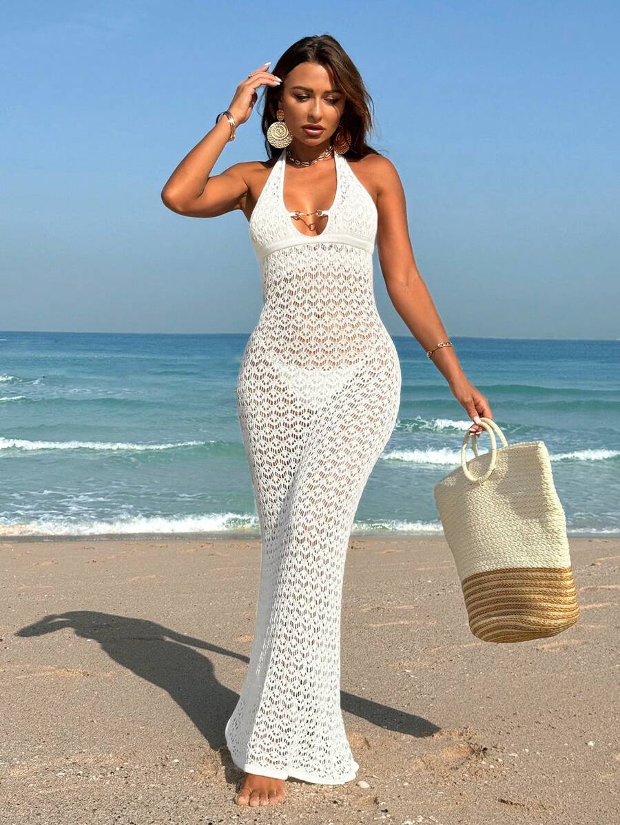 Swim Vcay Summer Beach Women Maxi Hollow-Out Halterneck Sleeveless Beach Cover-Up Dress For Seaside Holiday