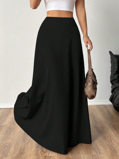 SHEIN EZwear Women Elastic Waist Solid Color Simple And Fashionable Long A-Line Skirt,Ladies Casual Asymmetrical Maxi Regular Fit Natural Black Plain Women Skirts,Spring/Fall,Casual Daily Wear