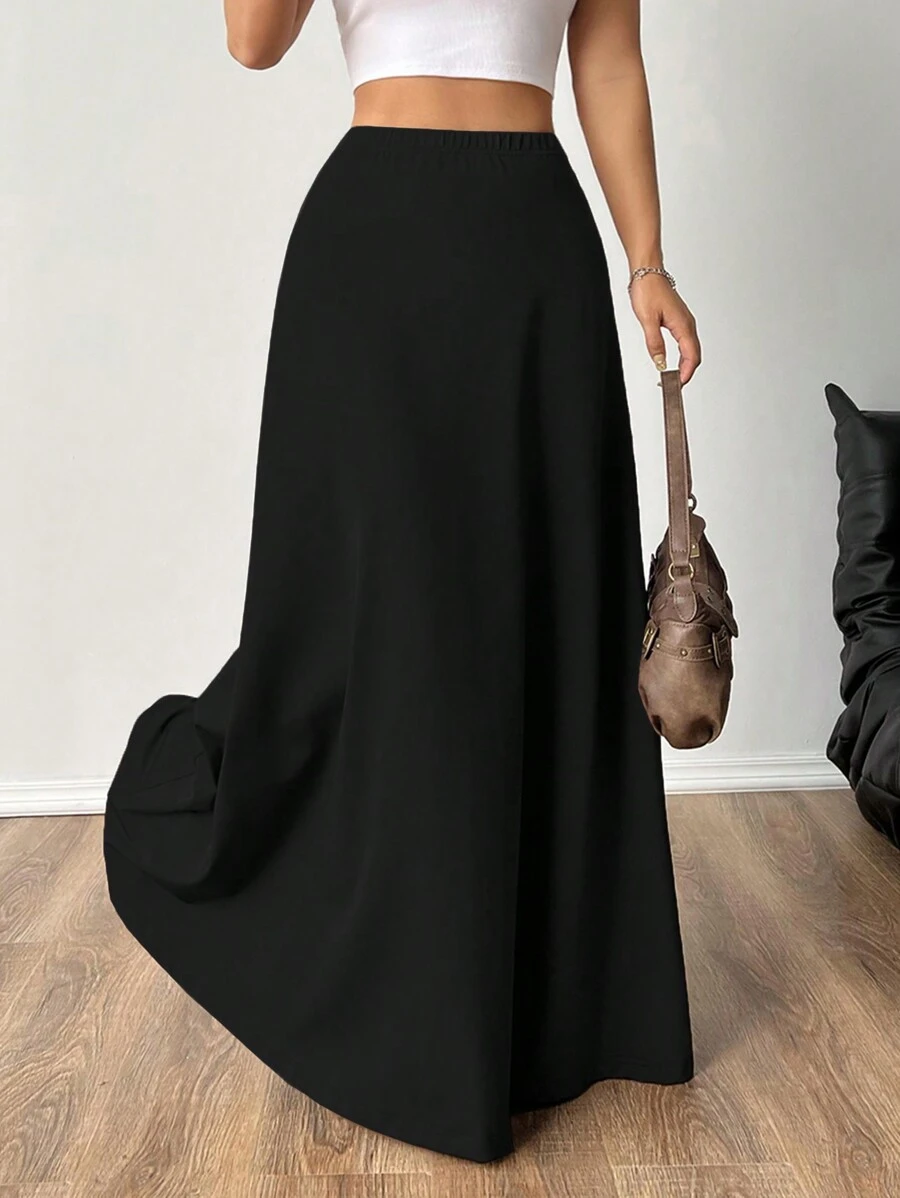 SHEIN EZwear 女士弹性腰部纯色简约时尚长款 A 字裙，女士休闲不对称长款常规版型自然黑色纯色女士裙子，春/秋，休闲日常穿着 - 黑色 - 查看 1