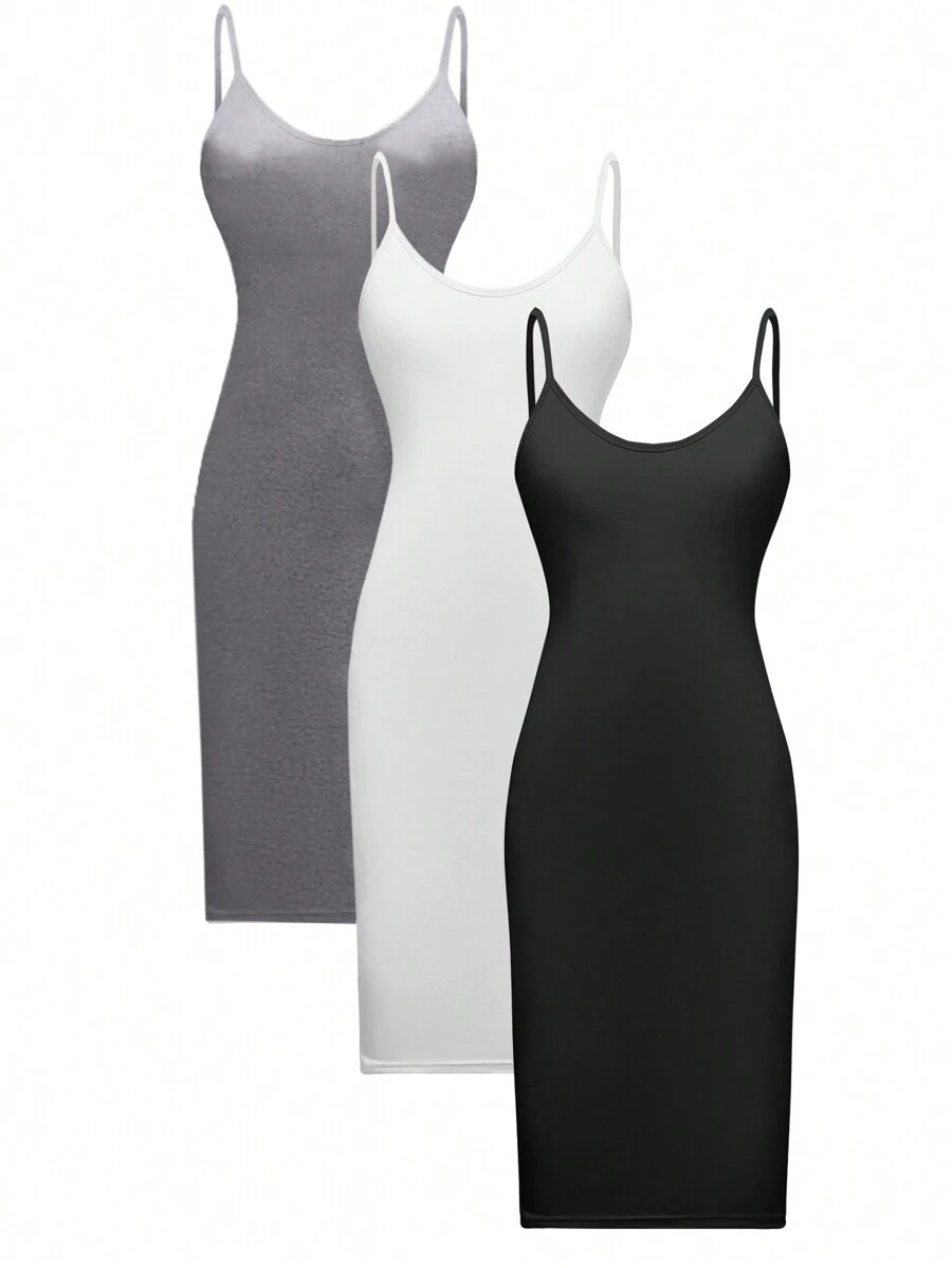 Chiquease Women Summer 3-Piece Solid Color Simple Casual Sling Dress