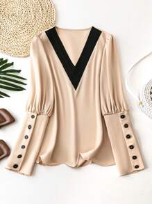 SHEIN Clasi 女性春季拼色V領鈕扣蓬袖休閒襯衫 - 彩色 - 查看 1