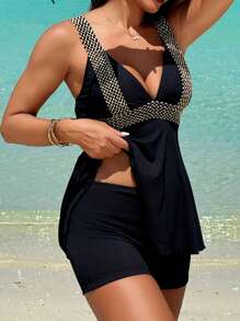 SHEIN Swim 夏季女式拼布编织肩带无吊带比基尼 - 黑色 - 查看 2