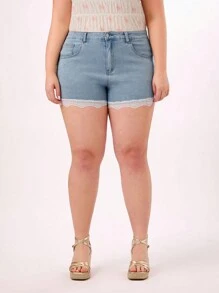 Forever 21 夏季假期和音樂節時尚大碼女士牛仔蕾絲短褲 - 藍色 - 查看 1