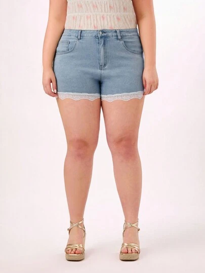 Forever 21 Fashionable Plus Size Women Denim Lace Shorts For Summer Vacation And Music Festivals