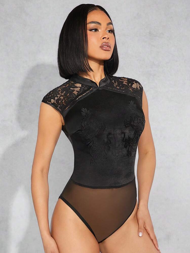 Dragon Embroidery Satin Lace Bodysuit