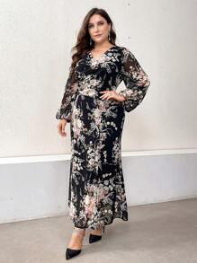 Modelyn Plus Size Floral Print Lantern Sleeve V-Neck Dress With Waist Knot