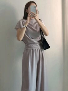 DAZY Women Solid Color T-Shirt And Long Pants Set, Women Two Pieces Sets Short Sets For Women - Grey - View 7