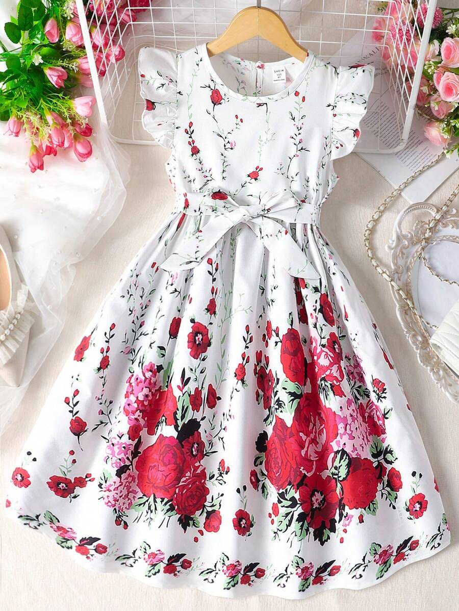 SHEIN 女孩印花荷葉袖繫腰帶連衣裙 - 白色 - 查看 1