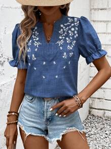 EMERY ROSE Women Embroidered Shirt, Suitable For Daily Wear, Beach Vacation And Leisure In Summer - Blue - View 3