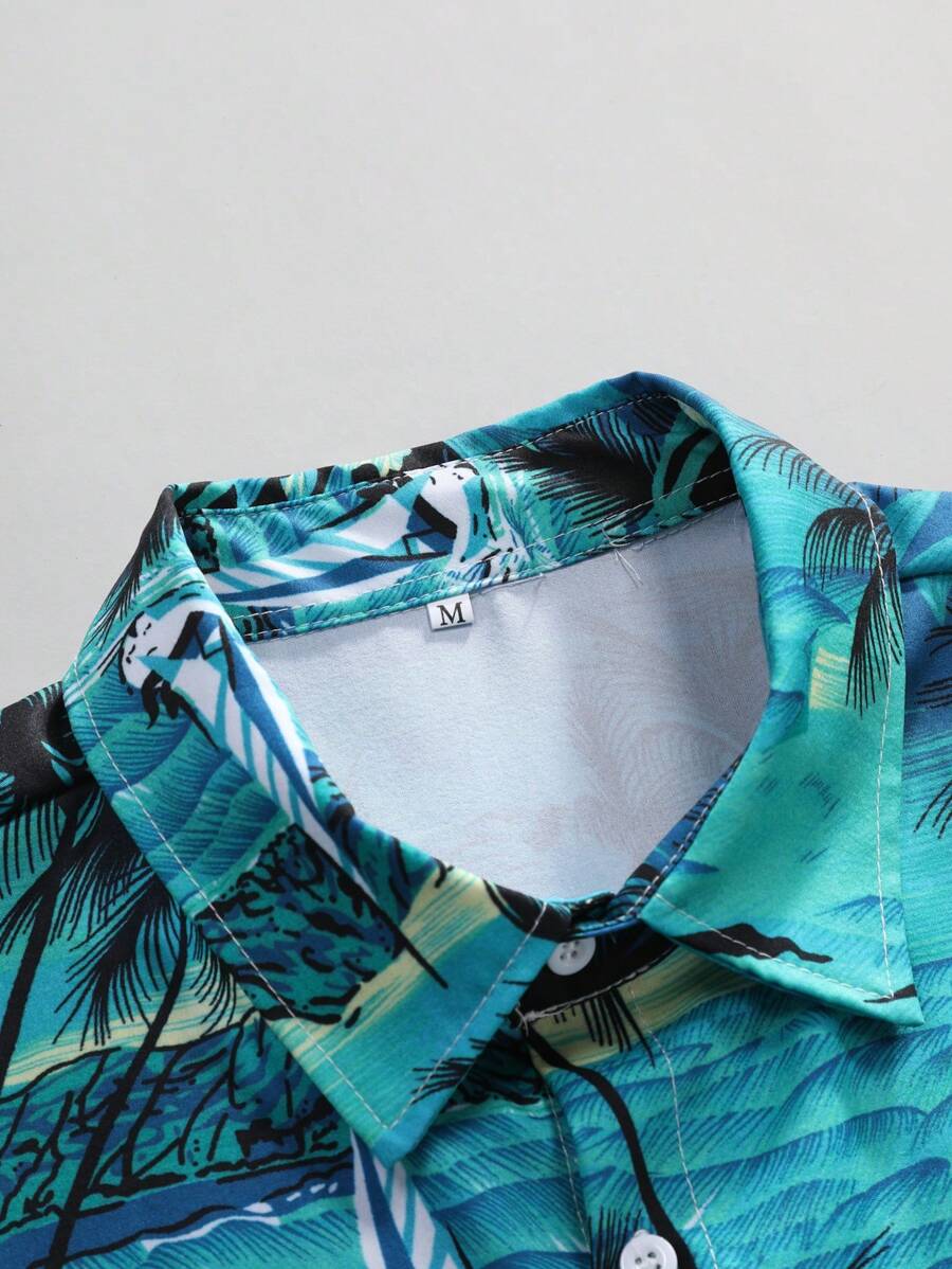 Men TurnDown Collar Front Button Printed ShortSleeved Hawaiian Shirt