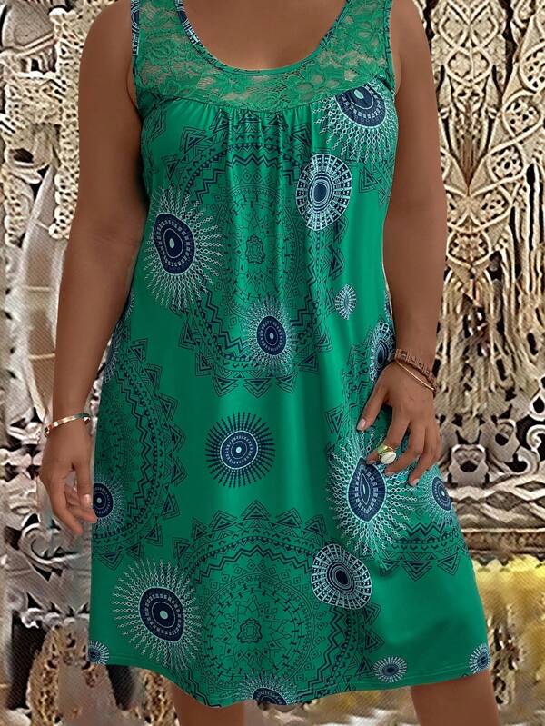 EMERY ROSE Vestido holgado sin mangas con cuello redondo y estampado de marco completo para uso casual en verano, talla grande