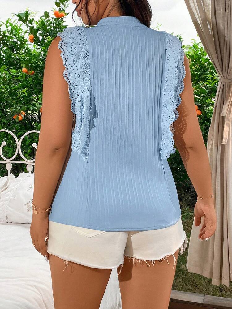 Plus Size Holiday Leisure Solid Color Lace Splicing Sleeveless Blouse