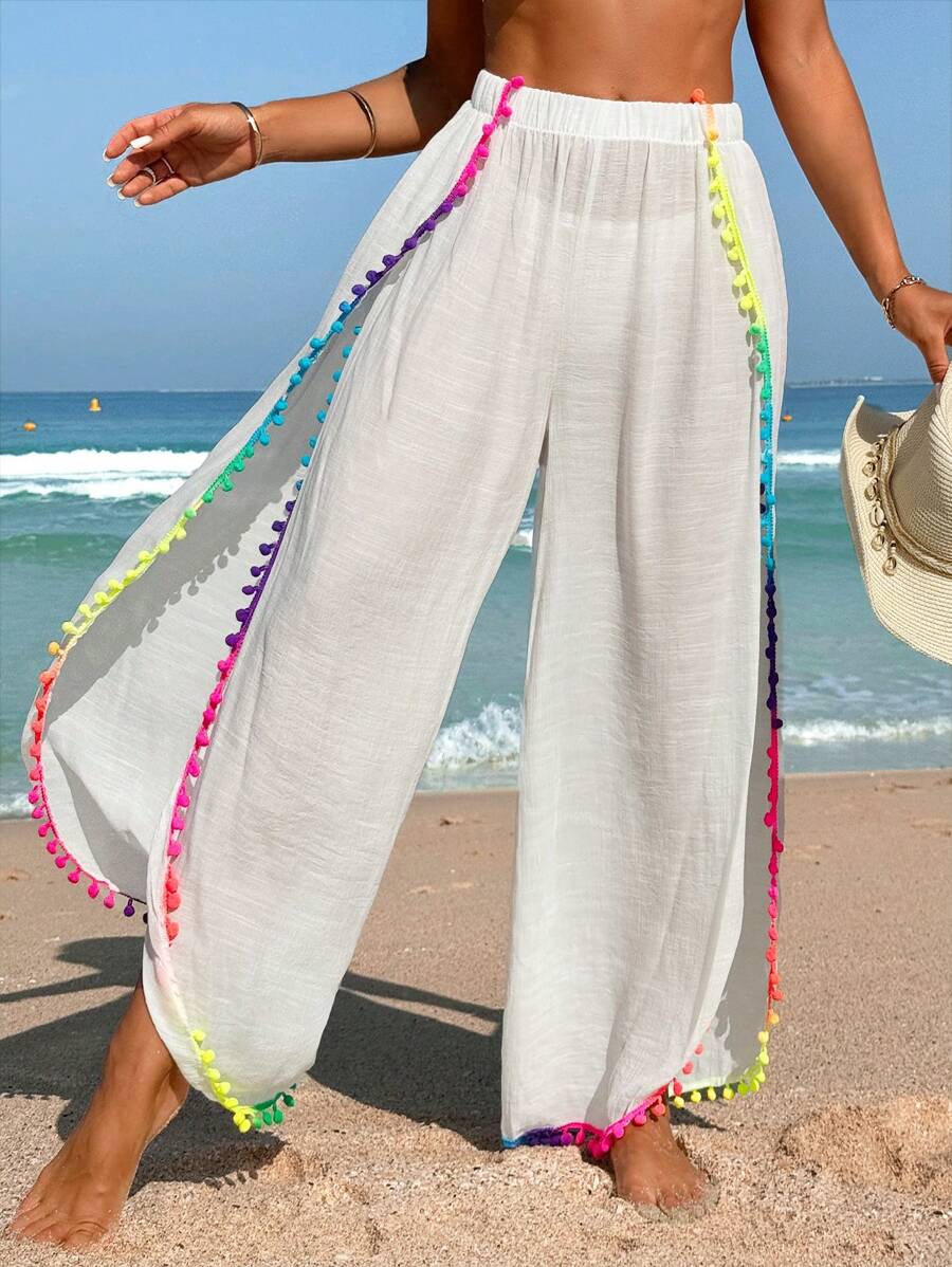Swim Lushoire 彩色毛球邊設計寬鬆夏季沙灘長褲女款，海邊度假泳裝遮罩 - 白色 - 查看 1