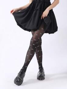 Women Bow Print Stockings/Tights/Slim Fit Tights - Black - View 4