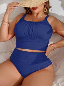 Swim Vcay Plus Size Summer Beach Solid Simple Daily Ruched Tankini Set