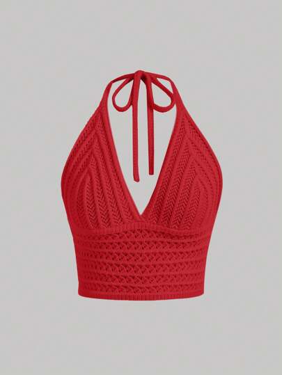 SHEIN MOD Ladies Knitwear Top With Halter Neck, Waist String & Soft Style For Beach Music Festival