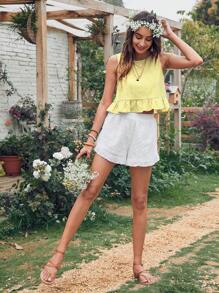 Breezaya Áo hai dây nhún bèo đơn giản hàng ngày màu trơn cho nữ Áo peplum - Màu vàng - Xem 6
