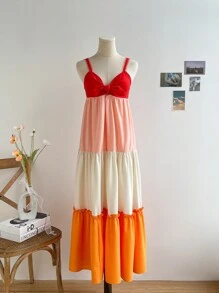 Soleia Women's Tropical Seaside Holiday Color Block Splice & Front Bowknot Design Long Casual Layered Cami Dress - Multicolor - View 1