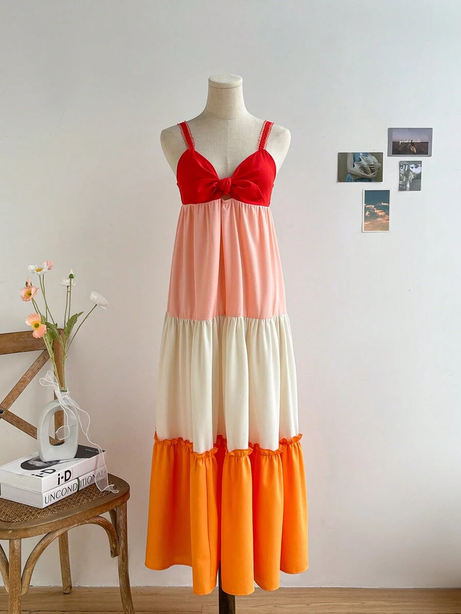 Soleia Women's Tropical Seaside Holiday Color Block Splice & Front Bowknot Design Long Casual Layered Cami Dress - Multicolor - View 1