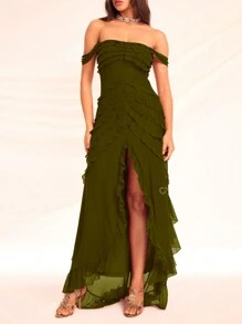 Mesh Ruffle Trim Off Shoulder Ruched Split Thigh Sheer Unlined Cloth Formal Dress,Graduation Dress