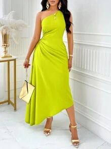 SOLERSUN One Shoulder Cut Out Drawstring Side Asymmetrical Hem Dress Dress Maxi Women Outfit