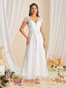 SHEIN Belle Vestido de novia bordado romántico con cuello en V profundo y cintura atada para mujeres - Blanco - Ver 6