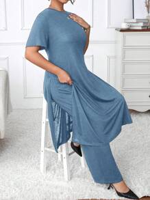 EMERY ROSE Plus Size Solid Color Round Neck Side Slit Singing KT-Shirt And Long Pants Two Pieces Set - Dusty Blue - View 4