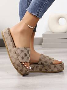 Women Plus Size Outdoor Platform Wedge Thick-Soled Sandals, Summer Fashion Allover Pattern Casual Slippers, Beach Shoes