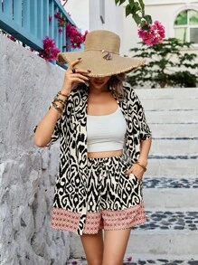 Breezaya 隨機印花復古風格女性短袖和短褲套裝 - 黑色 - 查看 4