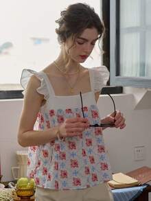 Simple Retro Ladies" Color Block Square Neckline Embroidered Butterfly Sleeve Top For Summer - White - View 7